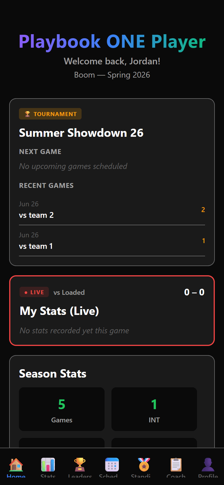 Player app home screen with live game and season stats