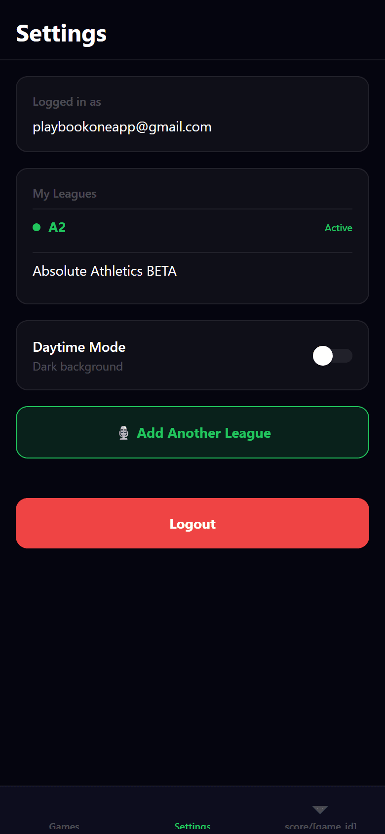 Scorekeeper settings showing assigned leagues and the add-another-league option